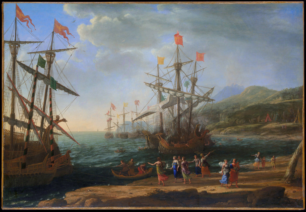 Landscape Oil Painting - Seaside Galleons & Figures