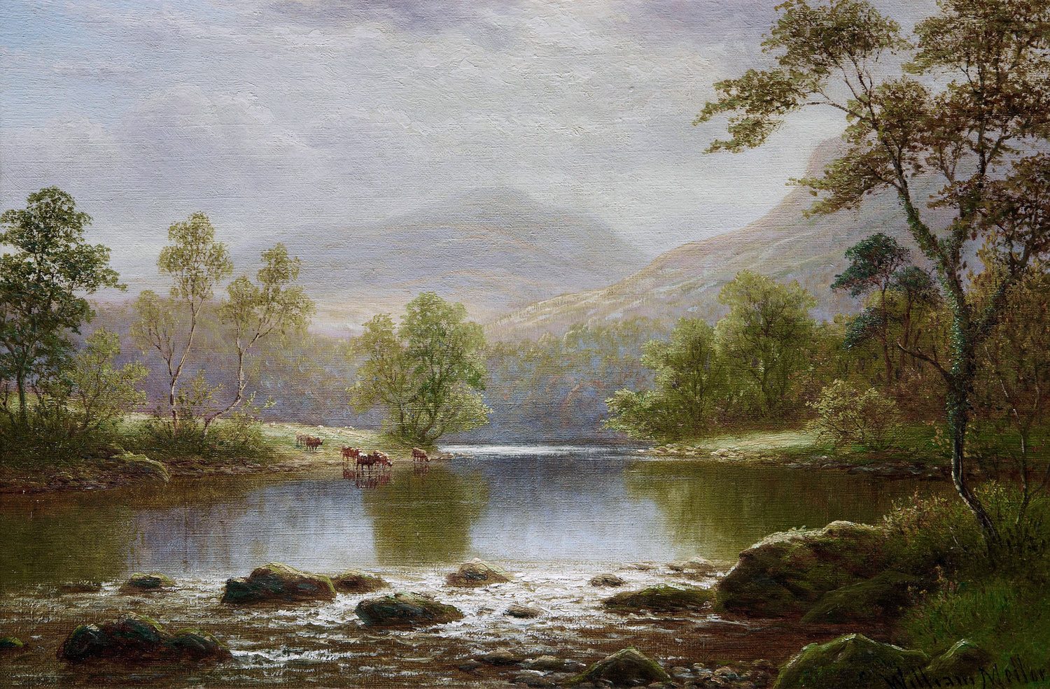 Peinture à l'huile de paysage - Lac de montagne estival et eaux calmes