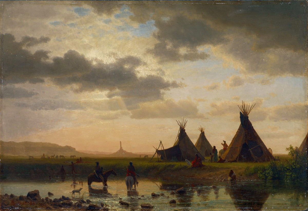 Peinture à l'huile de paysage - Scène de rivière hivernale avec personnages et chevaux