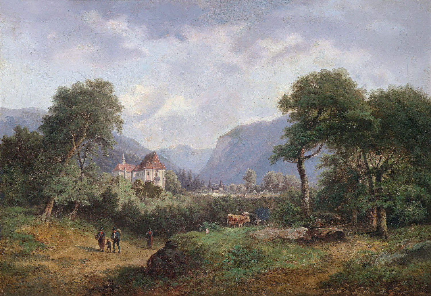 Landschaftsgemälde (Öl) – Landgut im Tal