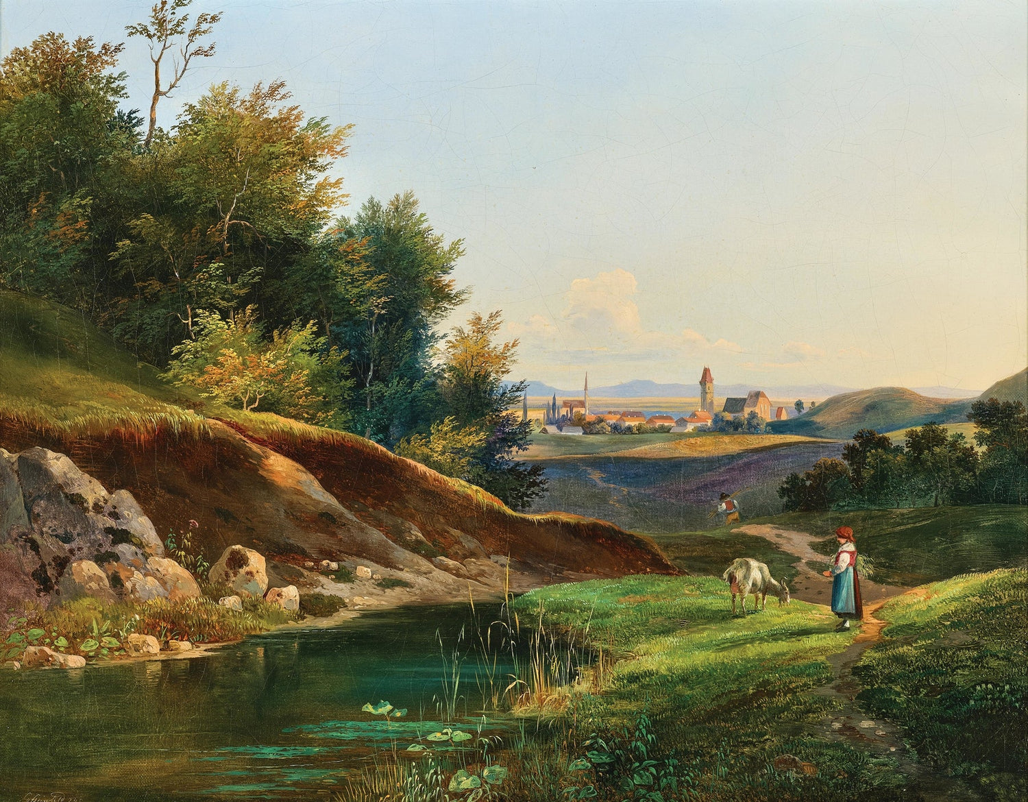 Hand-painted village pond and forest path view landscape oil painting on canvas