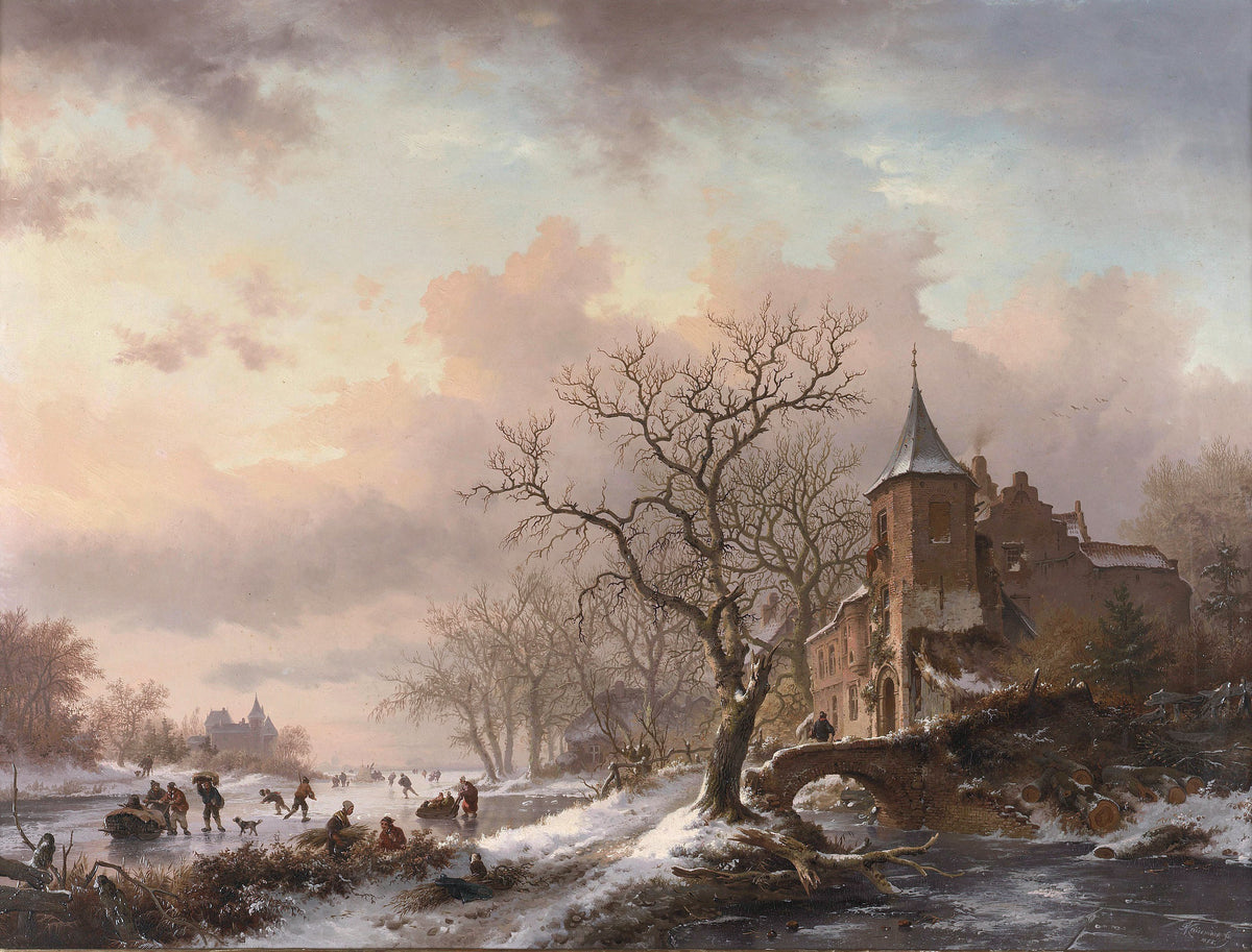 Landschaftsgemälde in Öl – Winterliche Burgruine und zugefrorener Fluss