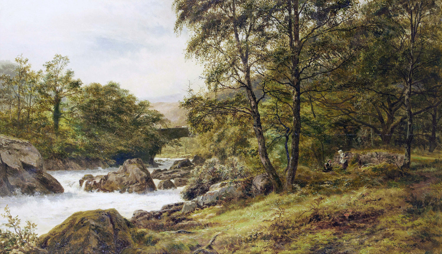 Landscape Oil Painting - Woodland stream scene & tumbling waters