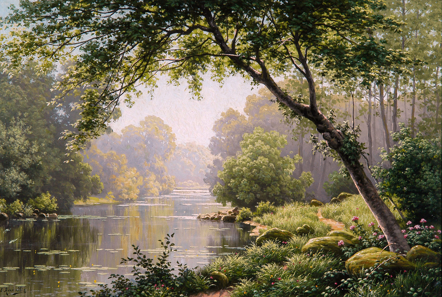 Peinture à l'huile de paysage - Arbre en surplomb et lys au bord de la rivière en forêt