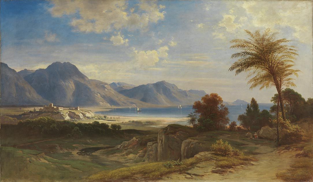 Landscape Oil Painting - Coastal Mountains with Palm Tree and Bay
