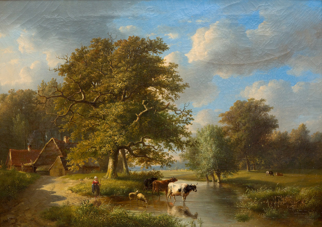 Landscape oil painting with rustic cottages, cows by riverbank, and large trees, rich textured brushwork on canvas. - Animal, Canvas, Cottage, Country, Hand Painted, Landscape, Made To Order, Oil Painting, River