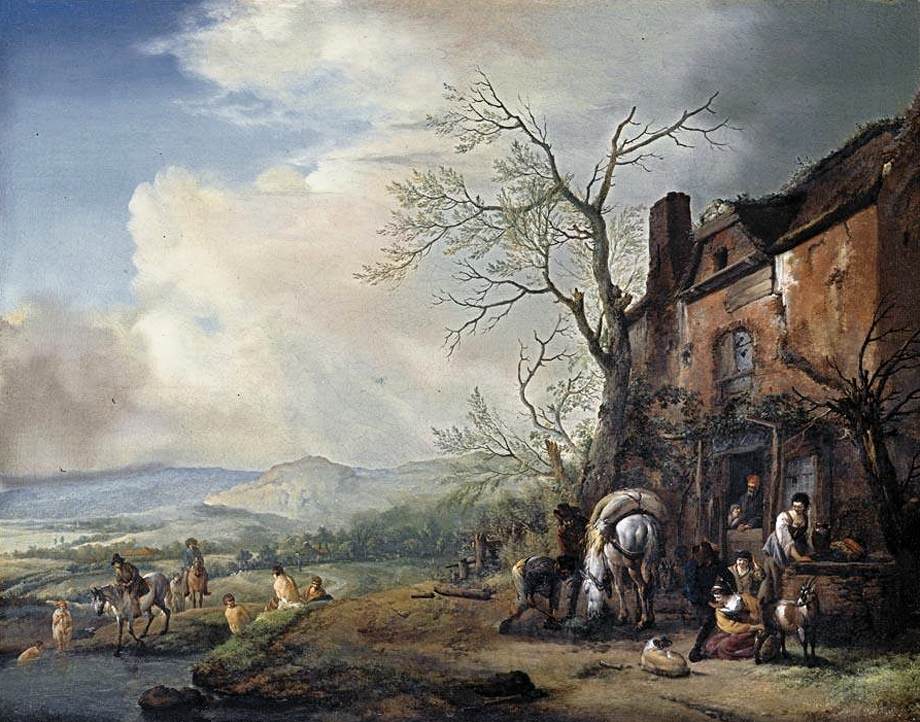 Hand painted landscape oil painting of a riverside inn with horses and figures, oil on canvas with textured brushwork. - Animal, Canvas, Figure, Hand Painted, Landscape, Made To Order, Oil Painting, River, Village