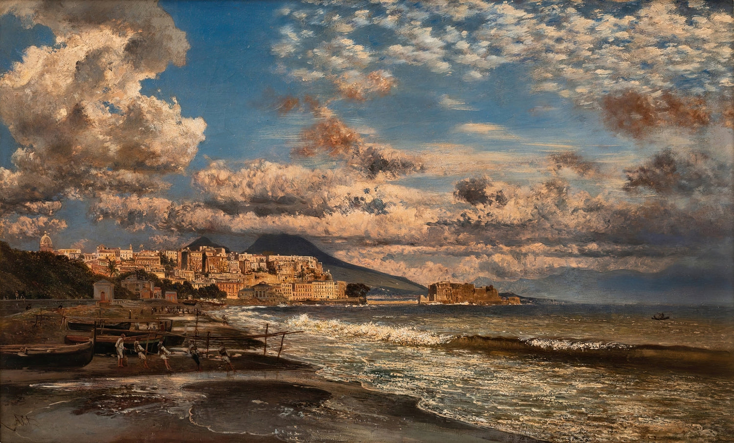 Hand-painted coastal city and dramatic sea view landscape oil painting on canvas