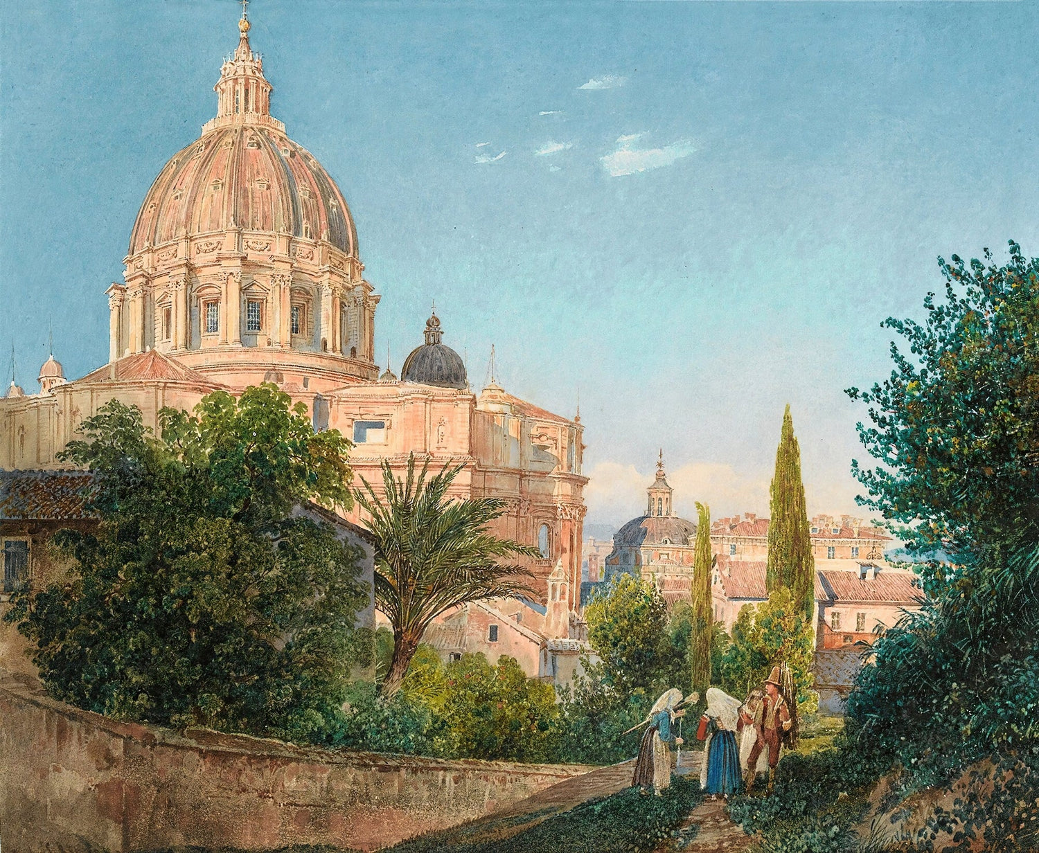 Landscape oil painting of St Peter’s Dome and Vatican Garden with lush greenery, hand painted oil on canvas with textured. - Canvas, Forest, Garden, Hand Painted, Landscape, Made To Order, Oil Painting
