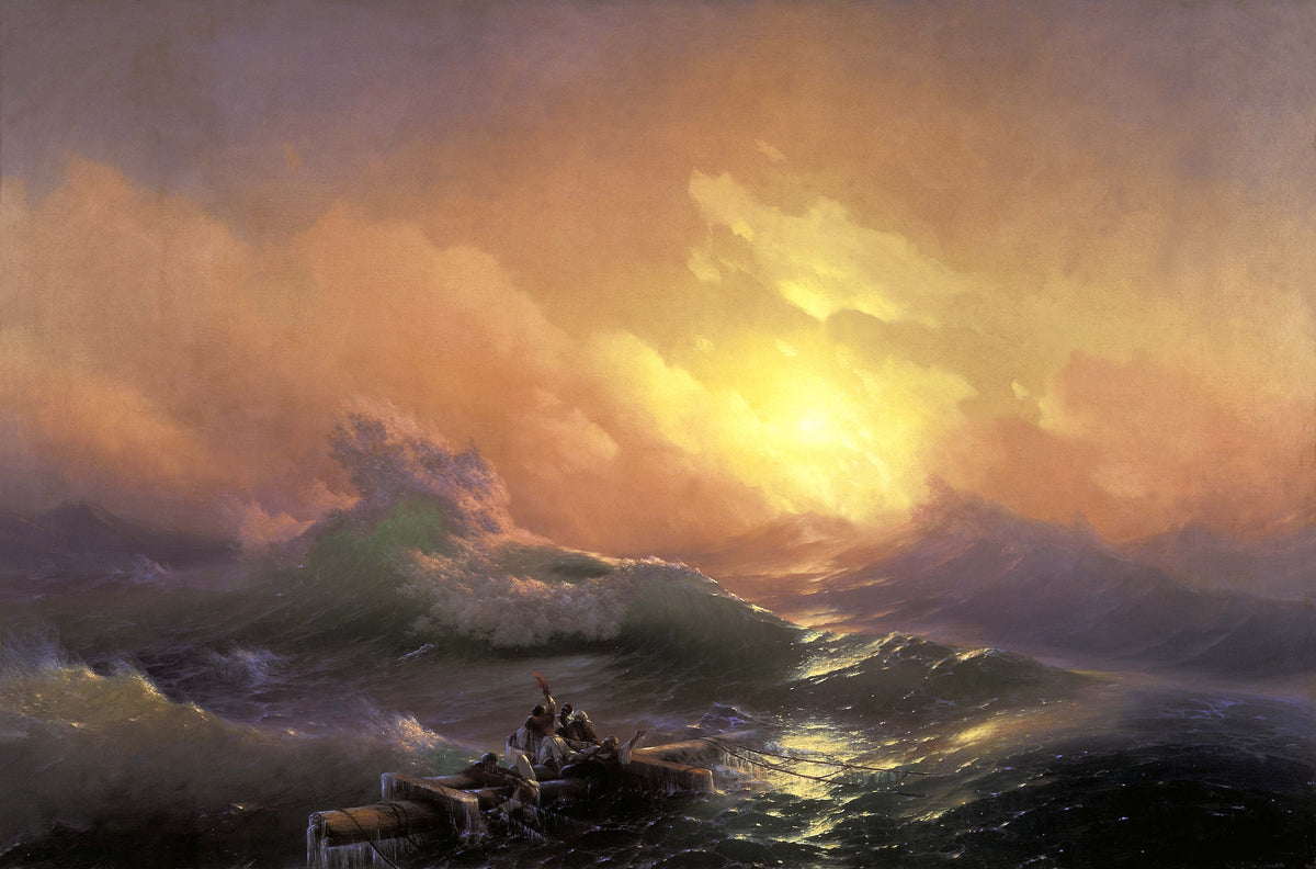 Pintura al óleo de paisaje: mar tormentoso con balsa al atardecer
