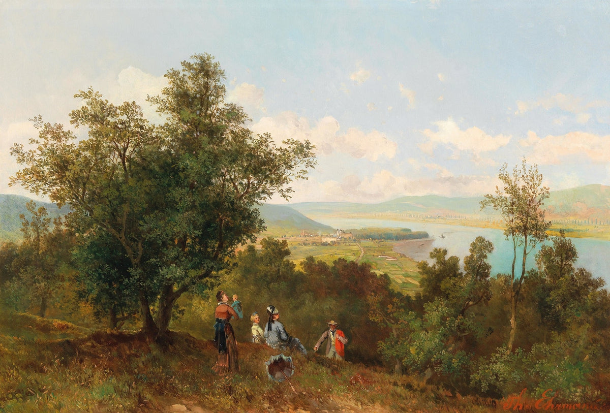 Hand painted oil on canvas landscape oil painting with textured brushwork showing figures walking along a hillside. - Canvas, Country, Figure, Forest, Hand Painted, Landscape, Made To Order, Mountain, Oil Painting, River, Village