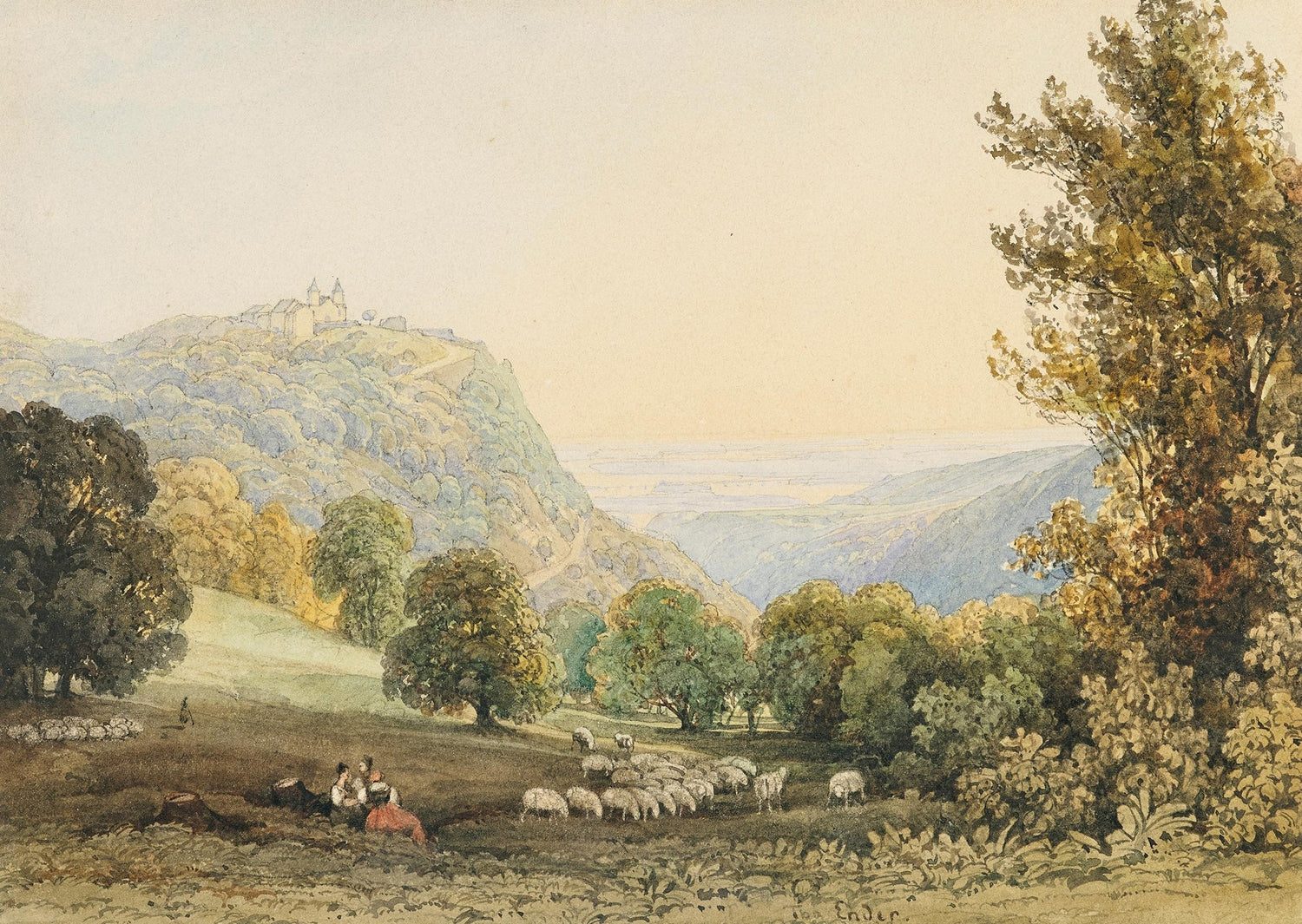 Hand painted oil on canvas landscape oil painting of pastoral valley with sheep, castle atop hill, textured brushwork, warm. - Add Frame, Animal, Architecture, Canvas, Castle, Country, Farm, Figure, Forest, Hand Painted, Landscape, Made To Order, Mountain, Oil Painting
