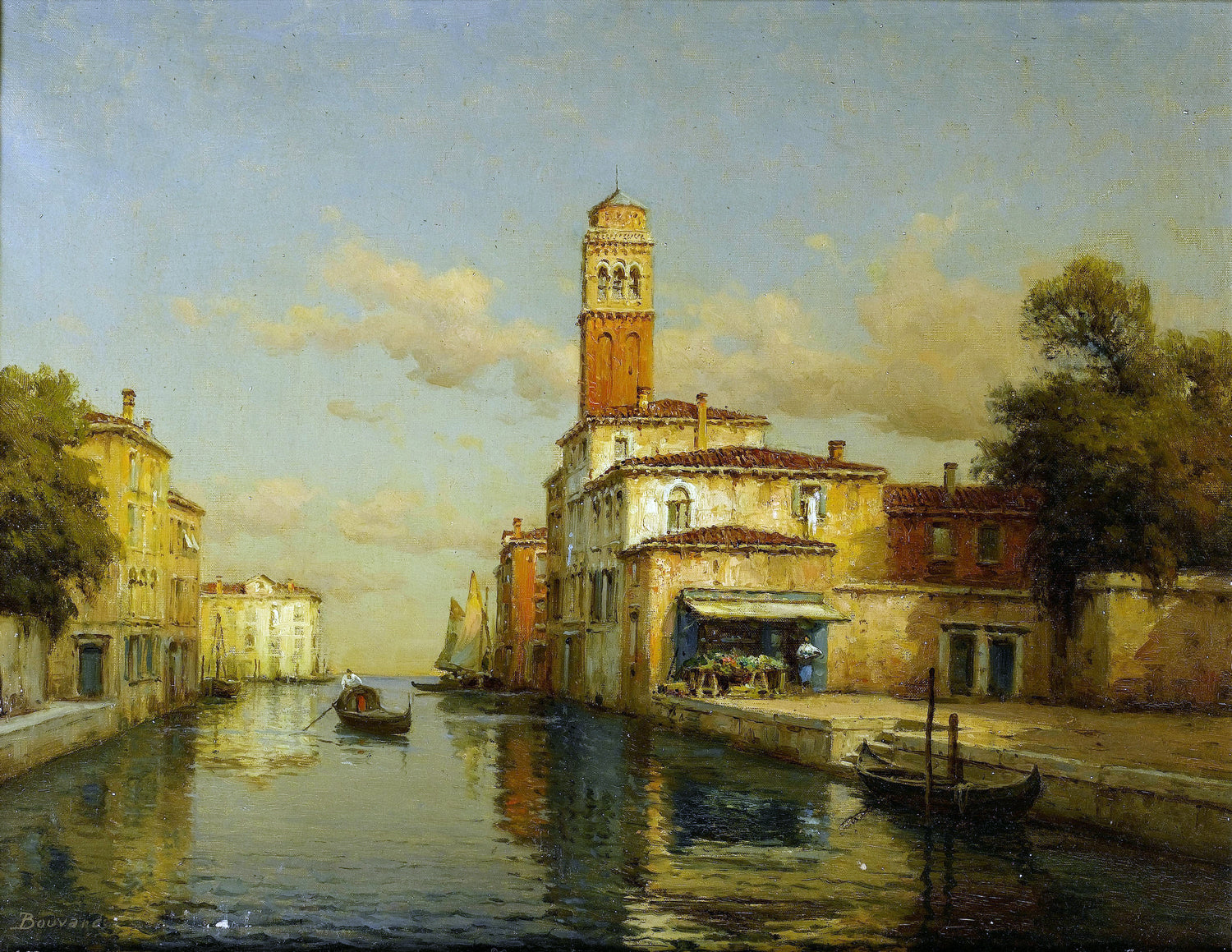 Landscape Oil Painting - Venetian Canal with Bell Tower