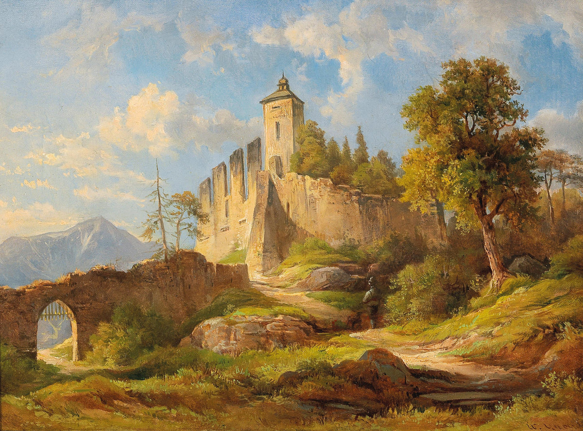 Landscape Oil Painting - Sunlit Castle Ruins in Mountain Valley