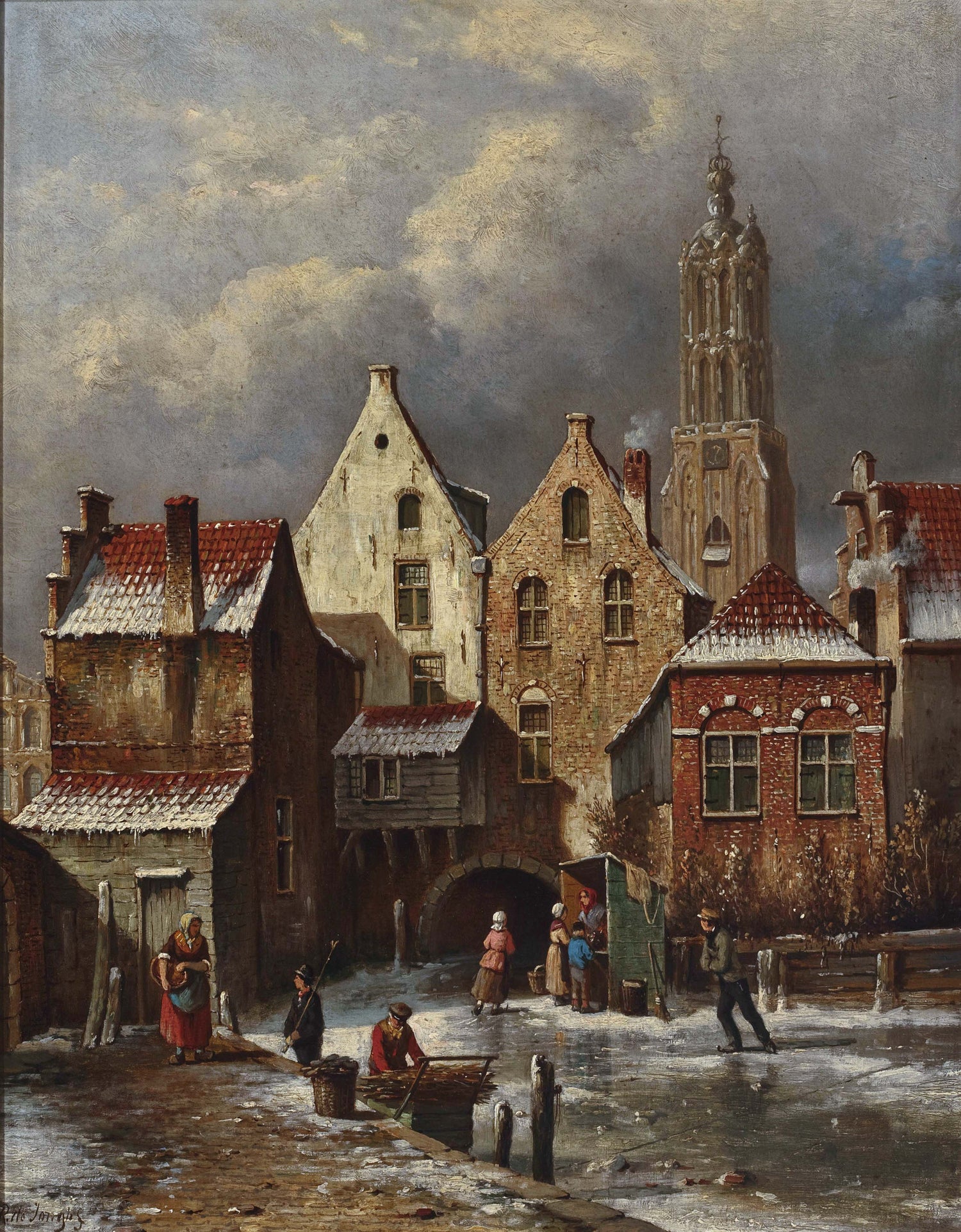 Ölgemälde Landschaft - Winterliche europäische Kanalszene mit Figuren