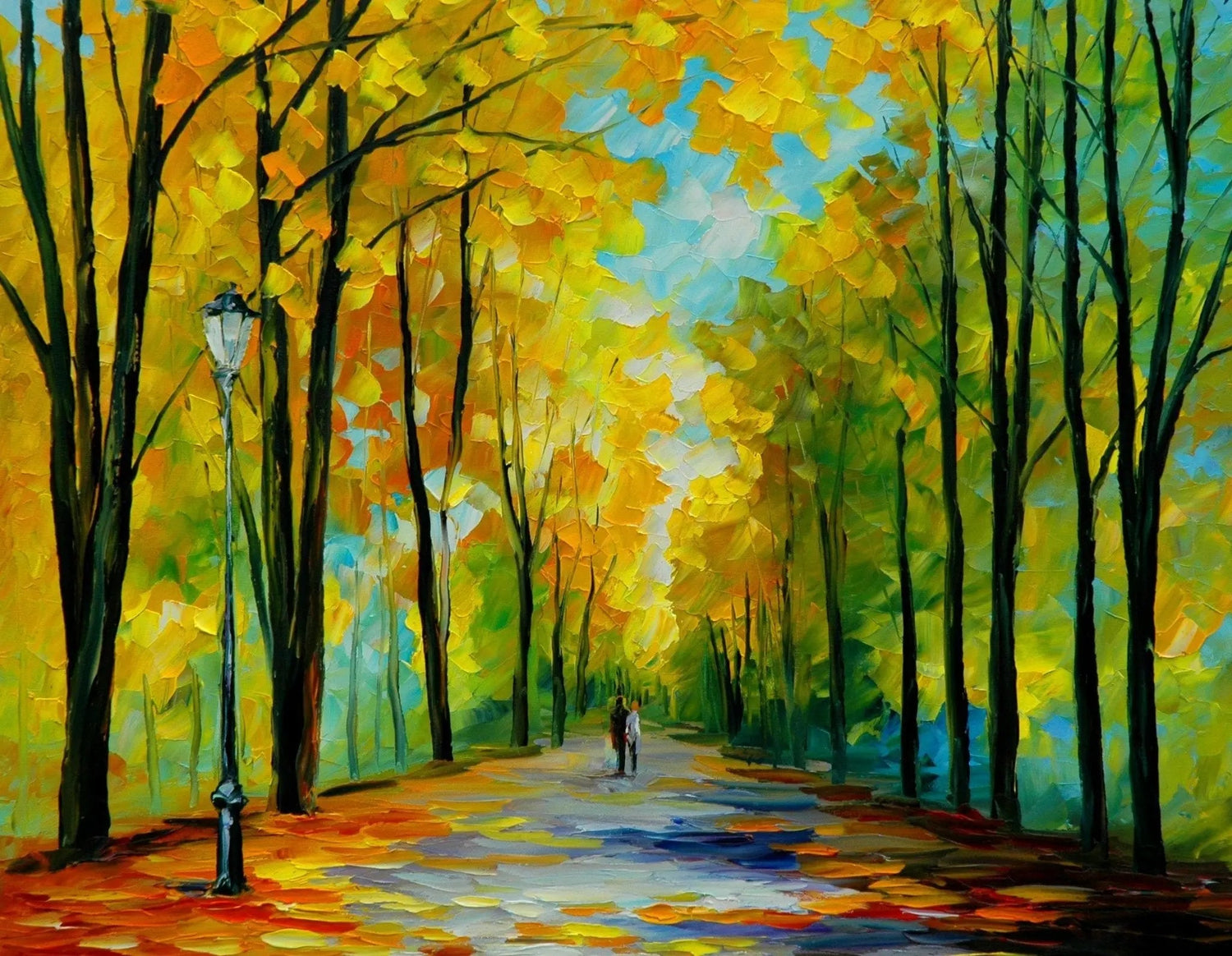 Abstract Landscape Oil Painting - Autumn Couple Park Scene - Oil Painting Haven