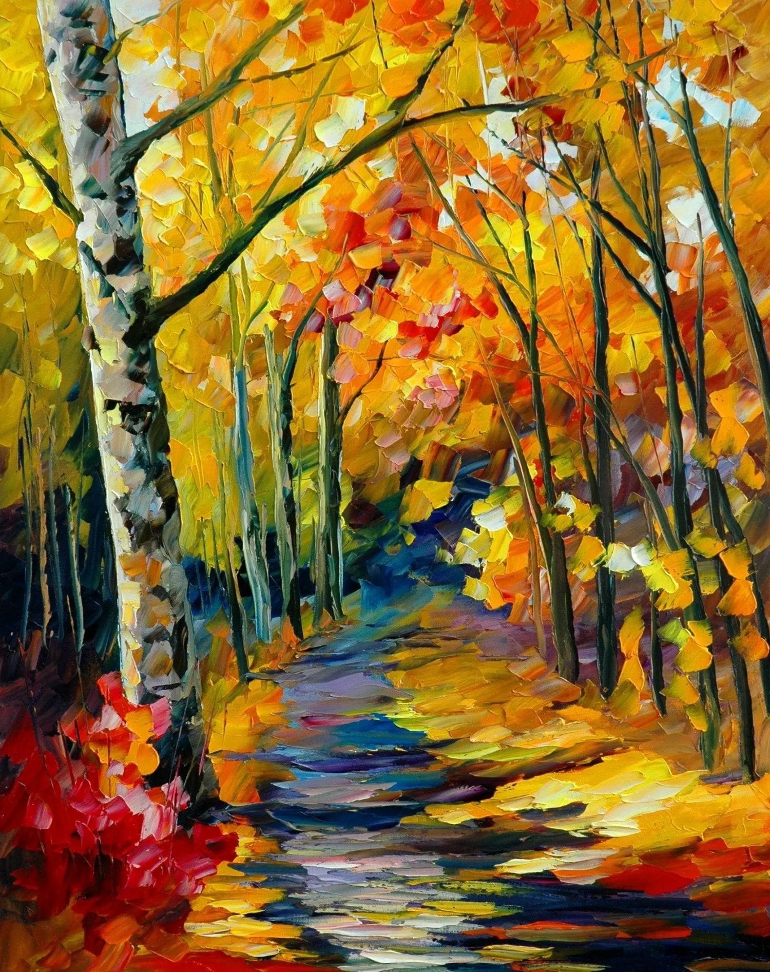 Abstract Landscape Oil Painting - Autumn Forest Path in Bright Tones - Oil Painting Haven