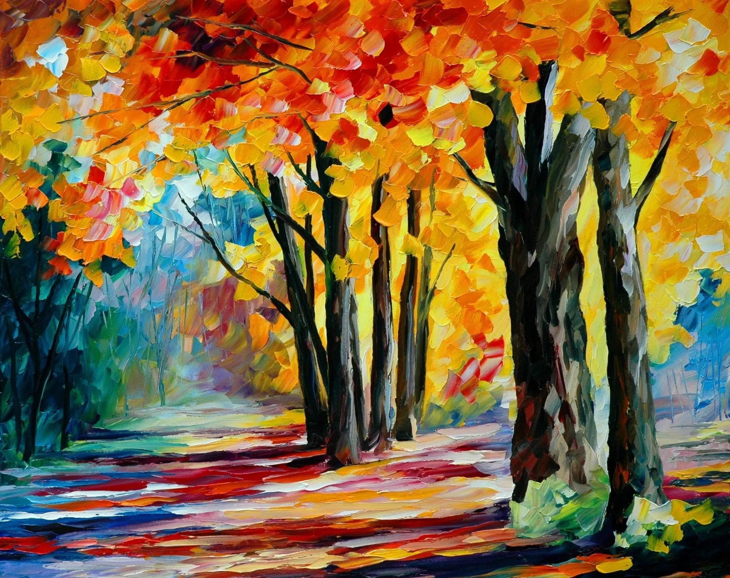 Abstract Landscape Oil Painting - Autumn Forest Path with Colorful Foliage - Oil Painting Haven