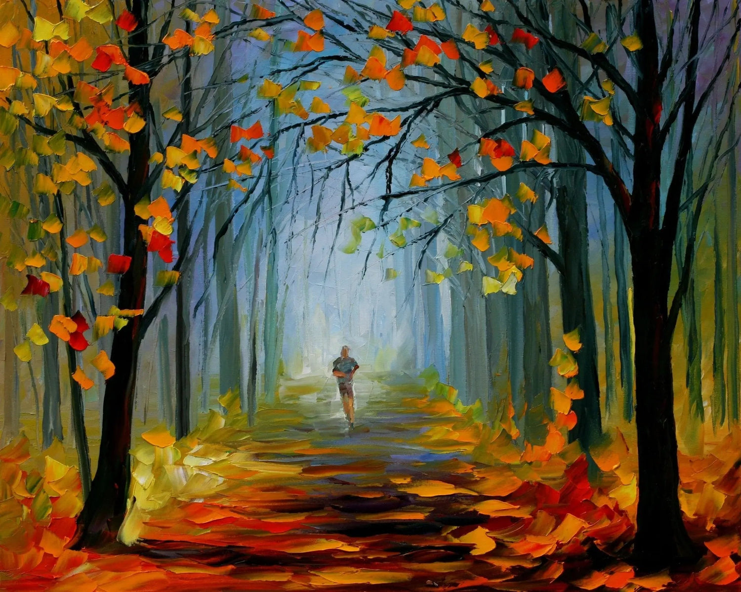 Abstract Landscape Oil Painting - Autumn Forest Path with Runner - Oil Painting Haven