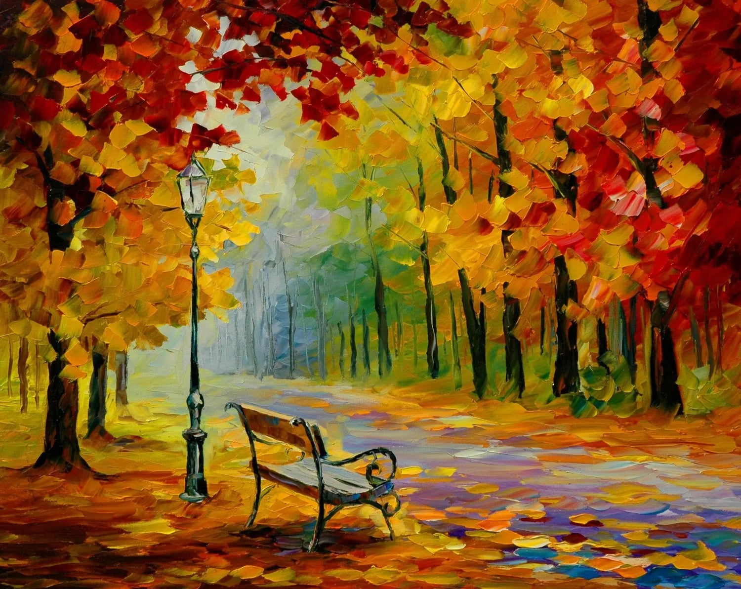 Abstract Landscape Oil Painting - Autumn Park Bench Scene - Oil Painting Haven