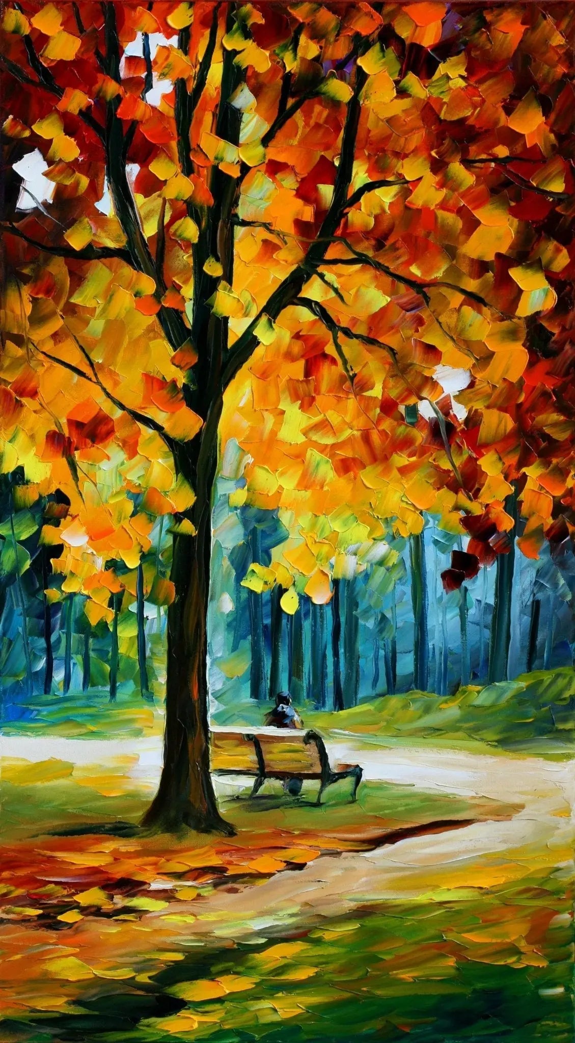 Abstract Landscape Oil Painting - Autumn Park with Bench and Figure - Oil Painting Haven
