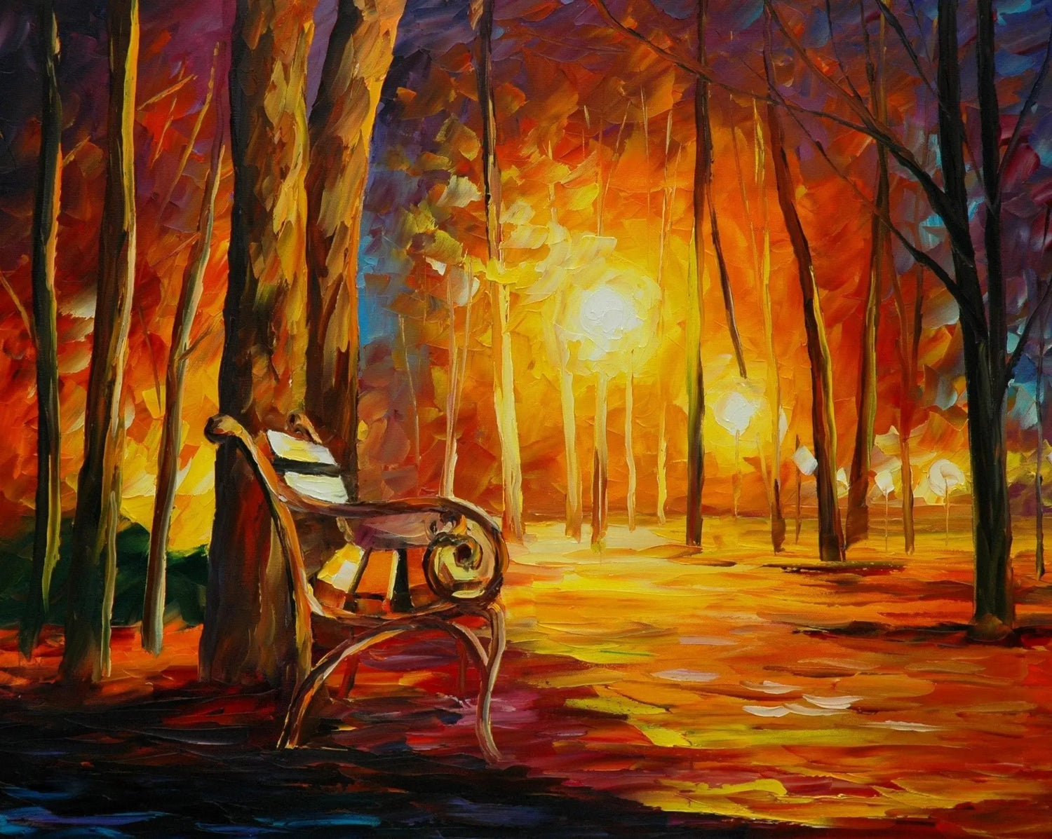 Abstract Landscape Oil Painting - Autumn Park with Bench and Street Lamps - Oil Painting Haven