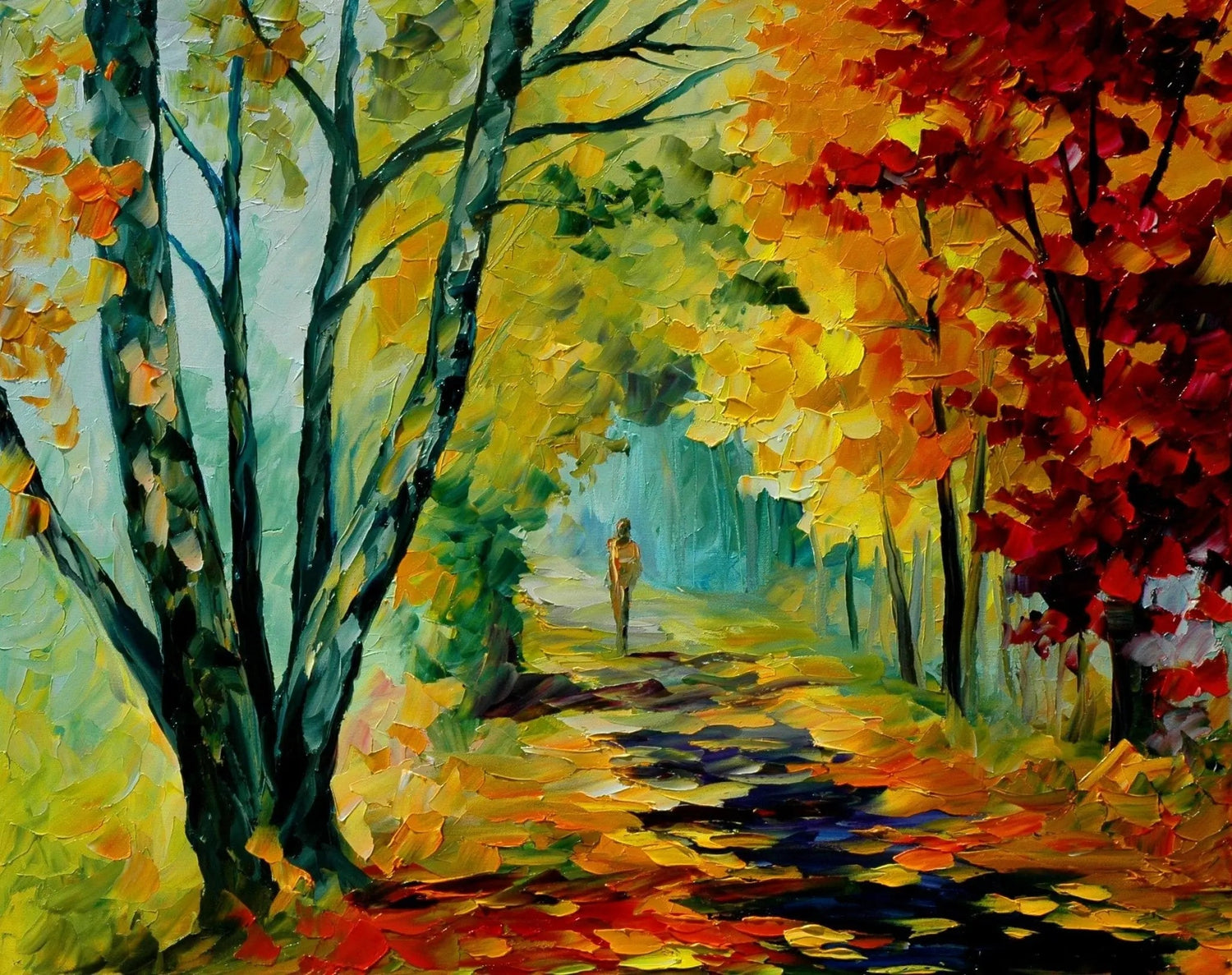 Abstract Landscape Oil Painting - Autumn Path & Figure - Oil Painting Haven