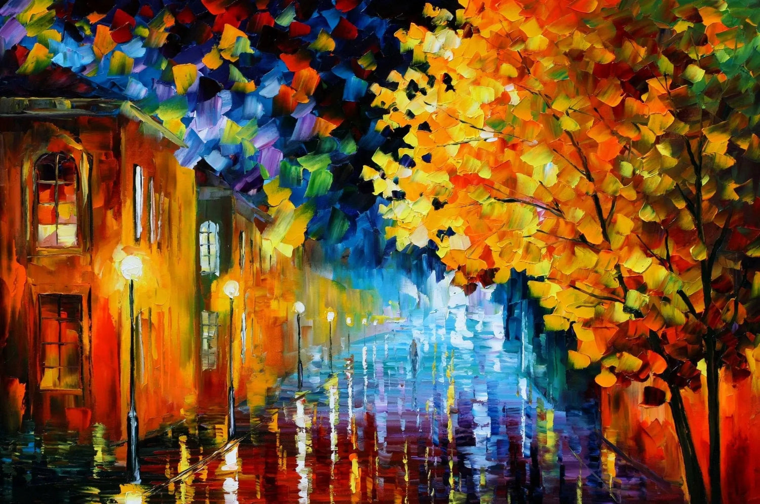 Abstract Landscape Oil Painting: Autumn Rain Street Reflections - Oil Painting Haven