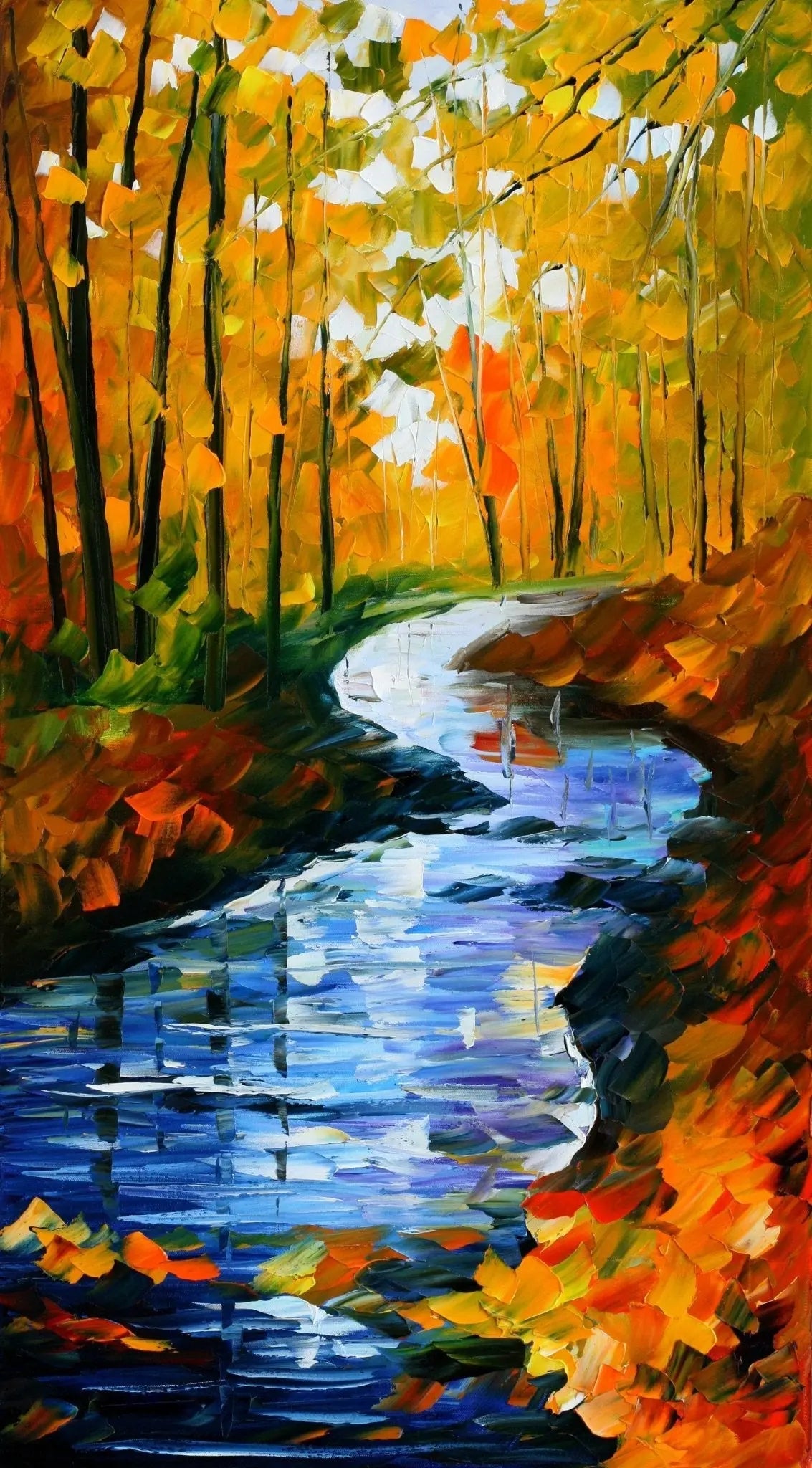 Abstract Landscape Oil Painting - Autumn River in Forest - Oil Painting Haven