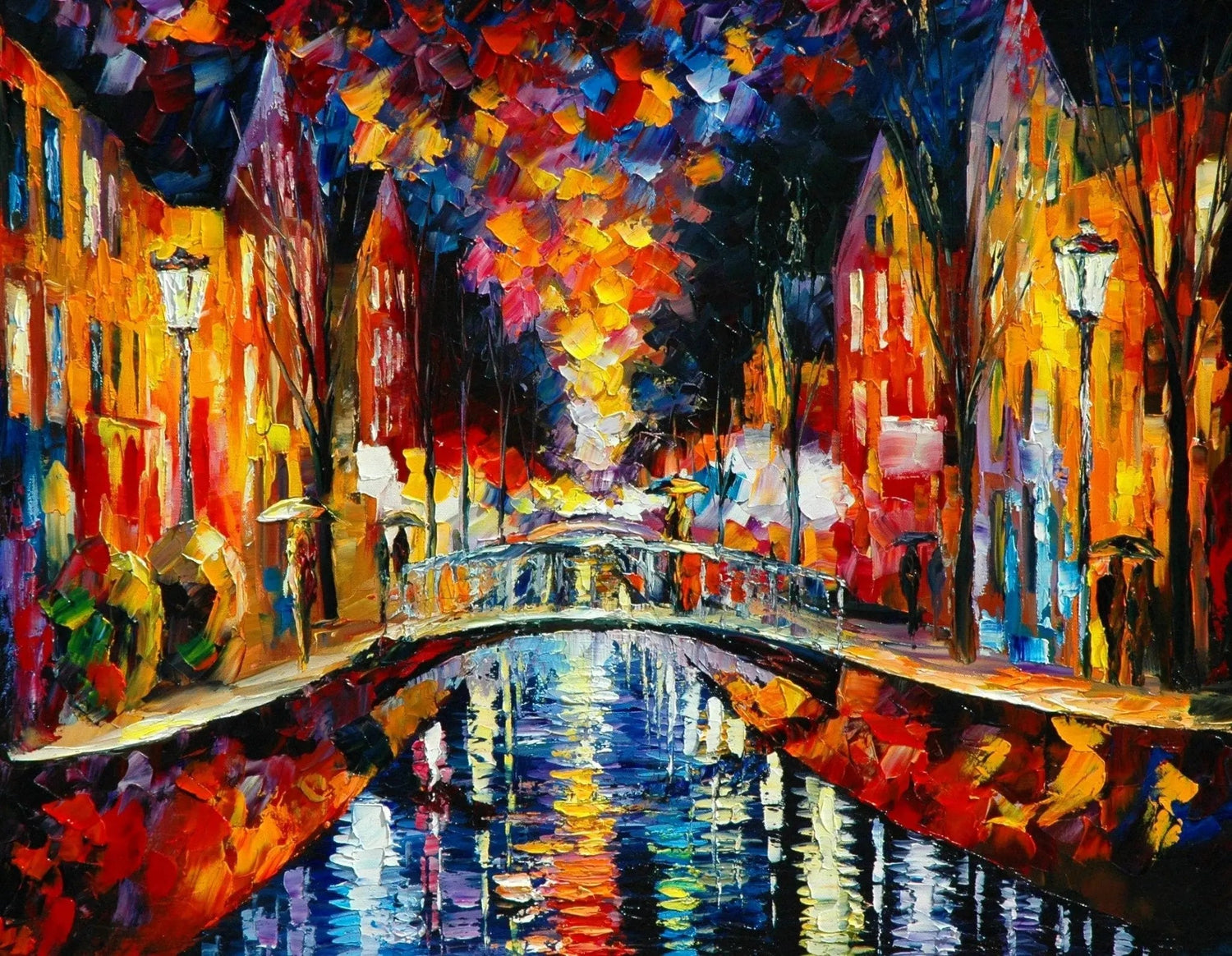 Abstract Landscape Oil Painting - Canal Bridge Night Reflections - Oil Painting Haven