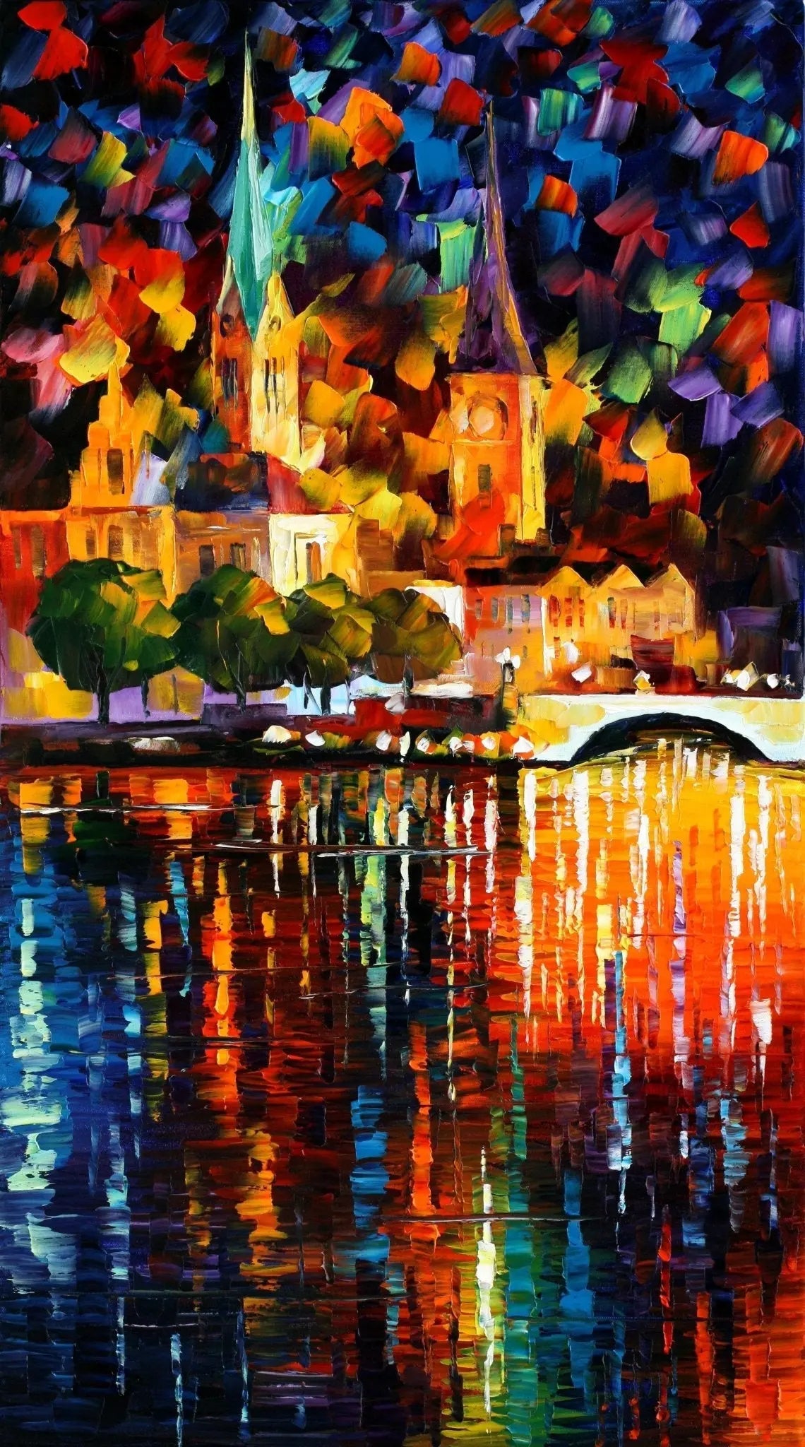 Abstract Landscape Oil Painting - City Night River Scene - Oil Painting Haven