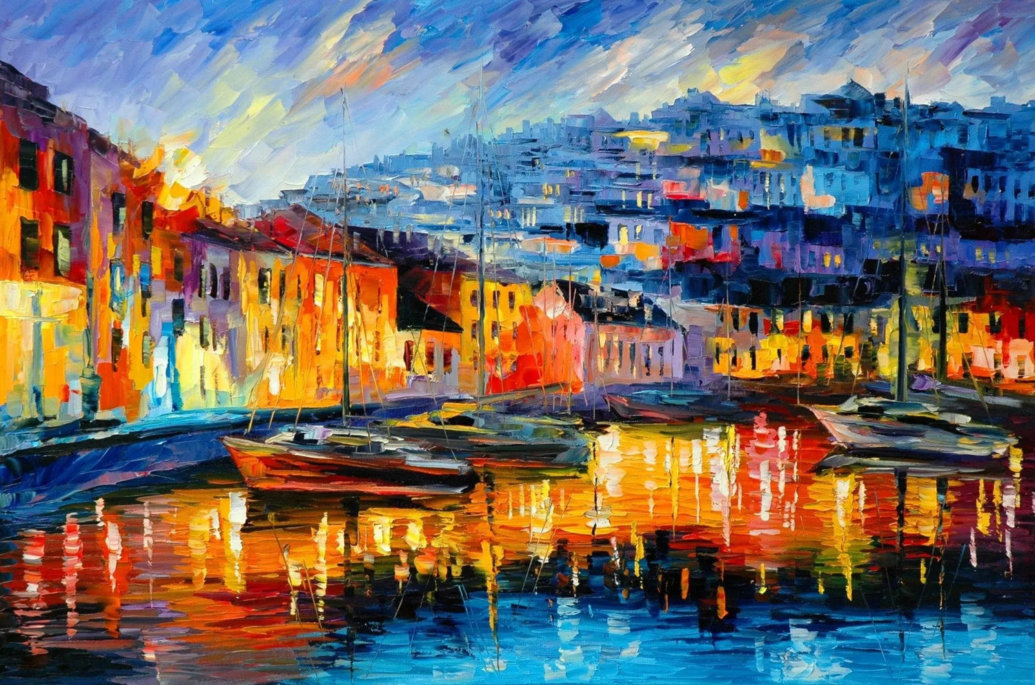 Abstract Landscape Oil Painting - Colorful Harbor Boat Scene - Oil Painting Haven