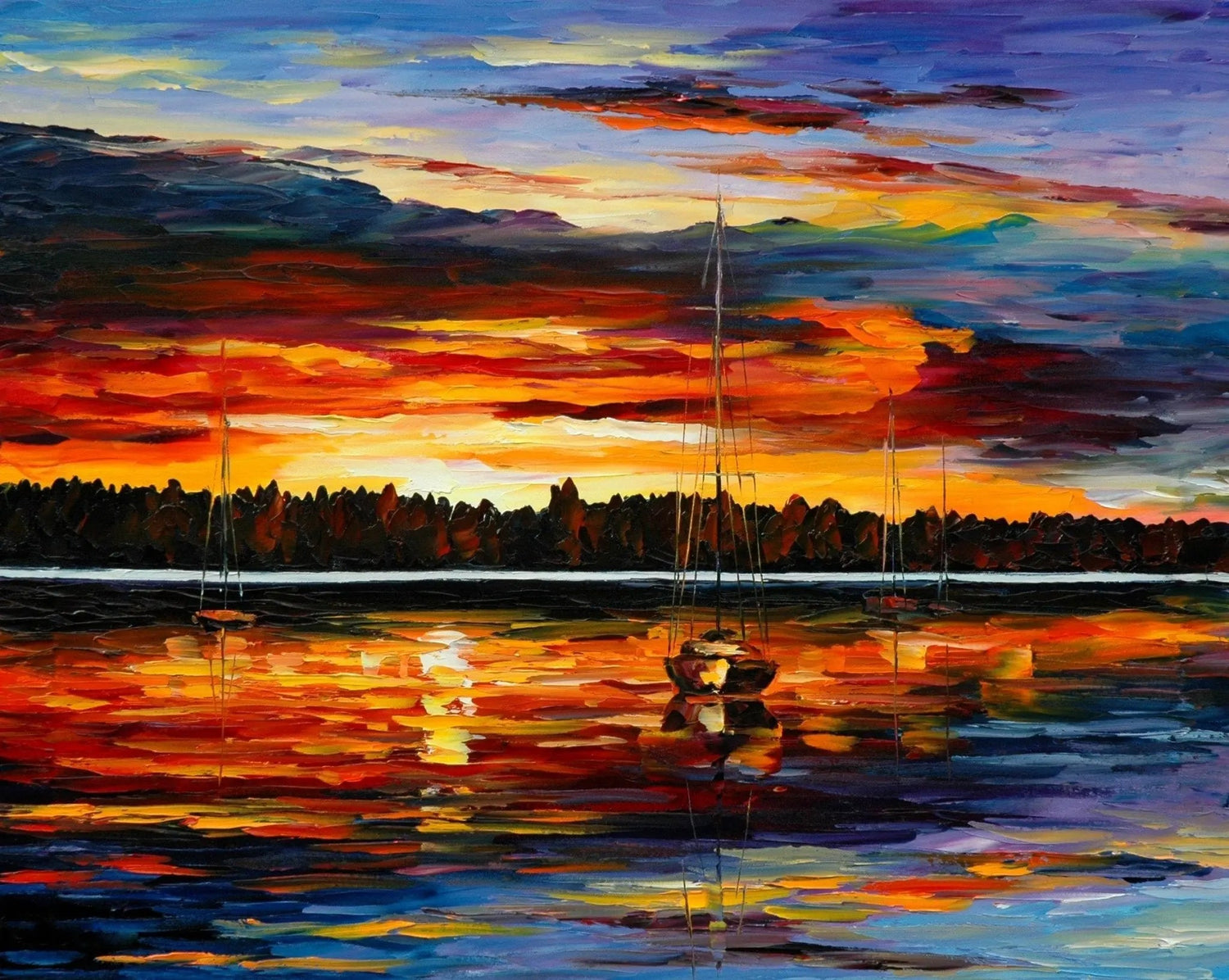 Abstract Landscape Oil Painting - Harbor Sunset with Sailboats - Oil Painting Haven
