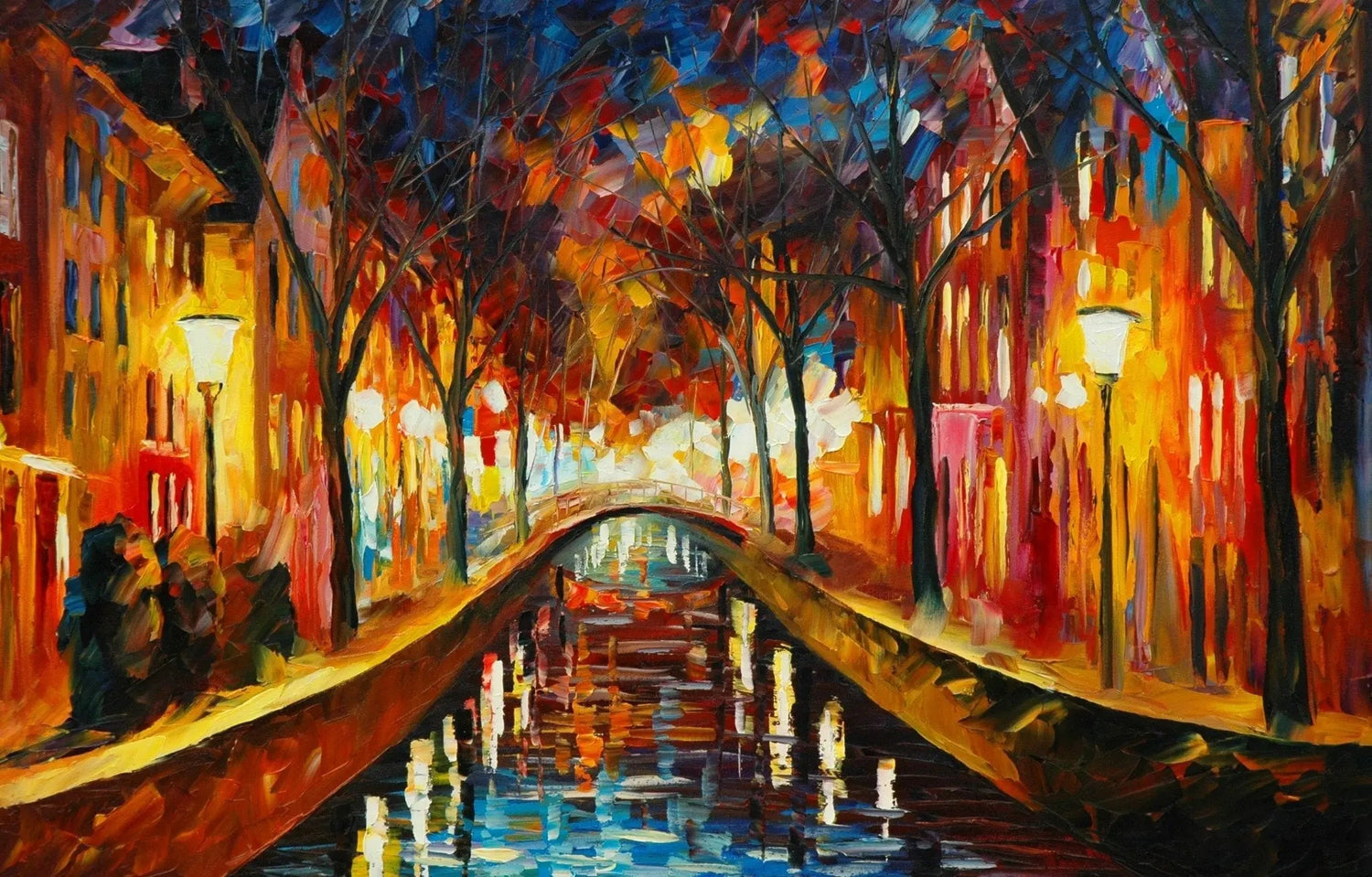 Abstract Landscape Oil Painting - Luminous Canal in Nighttime Town - Oil Painting Haven
