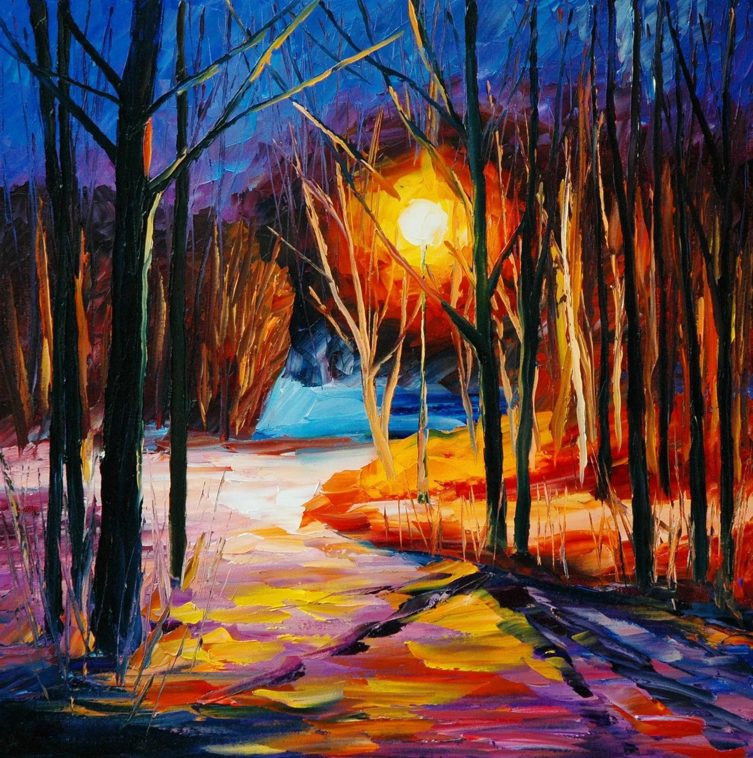 Abstract Landscape Oil Painting - Moonlit Forest Path - Oil Painting Haven