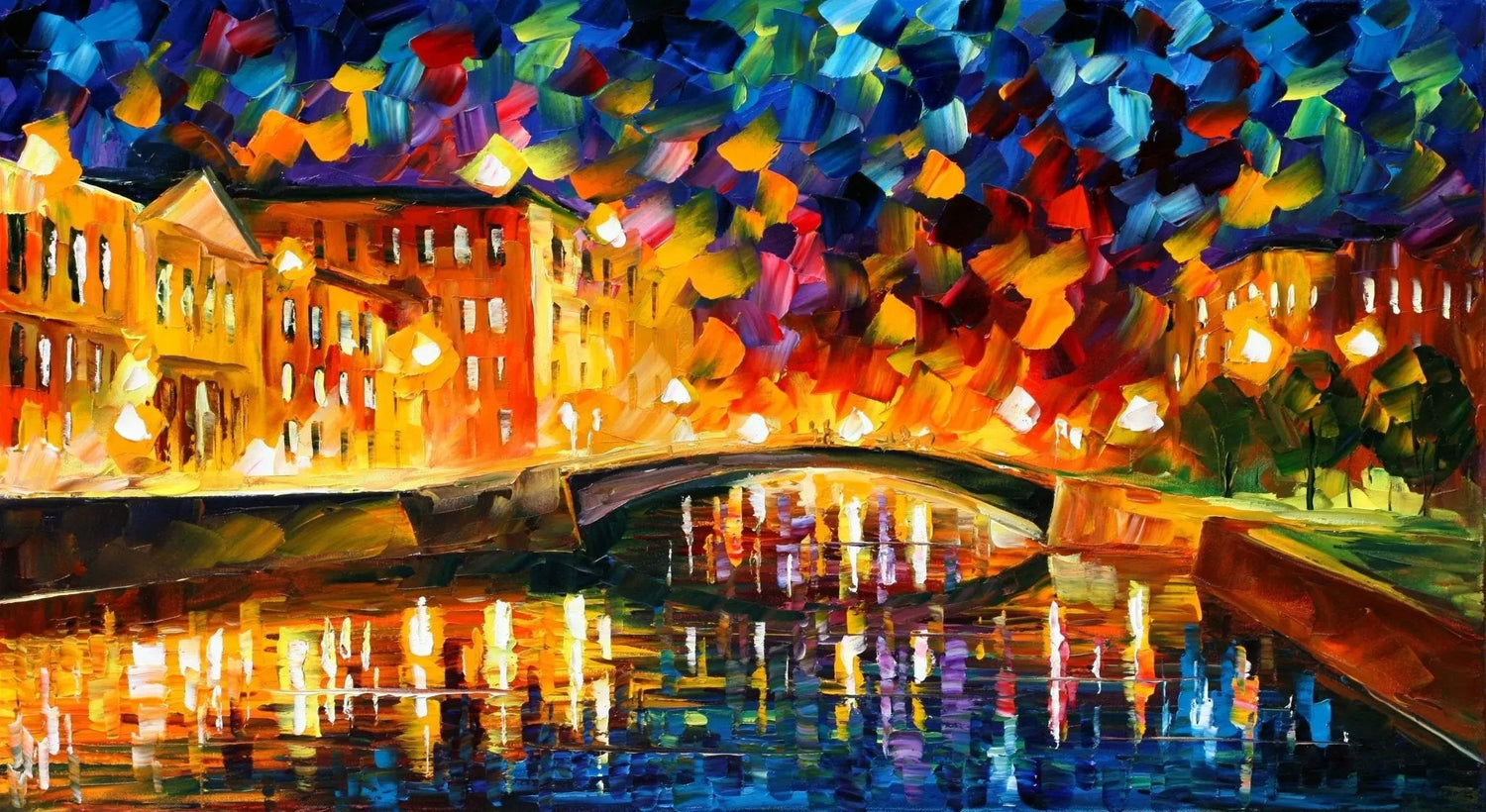 Abstract Landscape Oil Painting - Night Canal Water Reflections - Oil Painting Haven