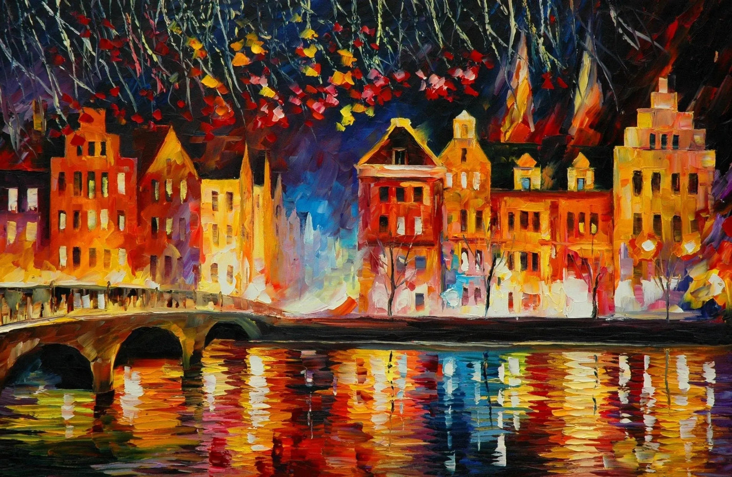 Abstract Landscape Oil Painting - Nighttime Riverfront with Bridge - Oil Painting Haven