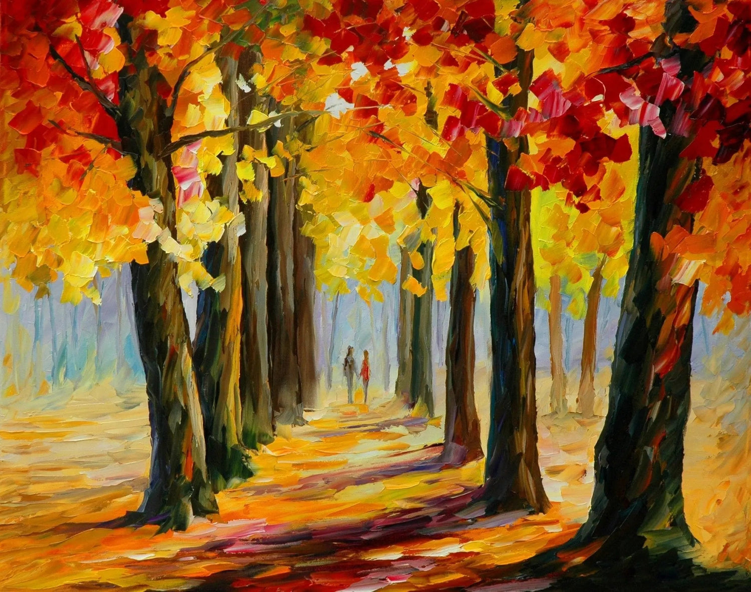 Abstract Landscape Oil Painting of Autumn Forest Path with Figures - Oil Painting Haven