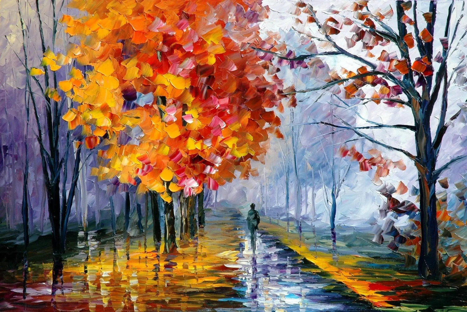 Abstract Landscape Oil Painting - Rainy Autumn Path with Figure - Oil Painting Haven