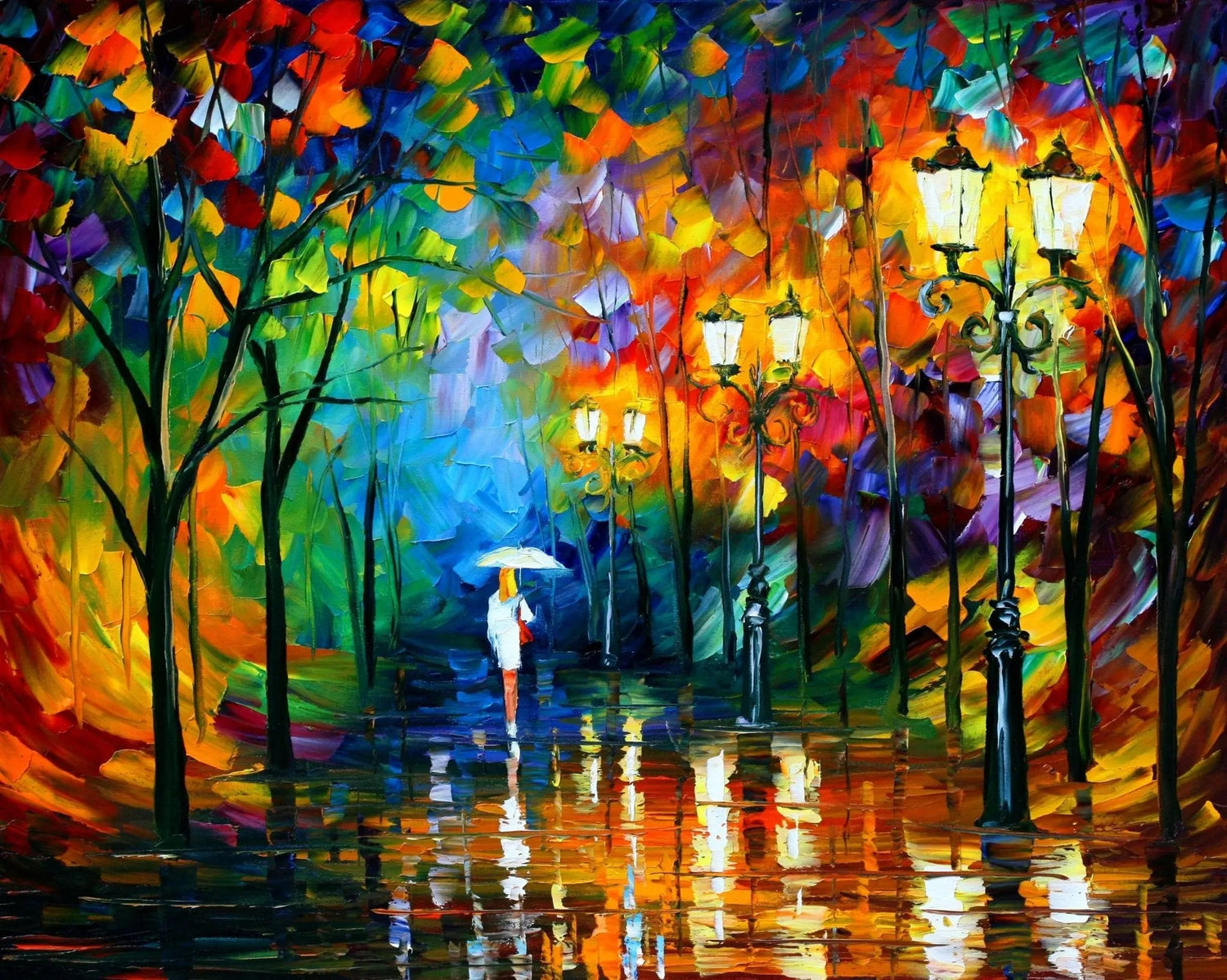 Abstract Landscape Oil Painting - Rainy Night Park Path with Figure - Oil Painting Haven