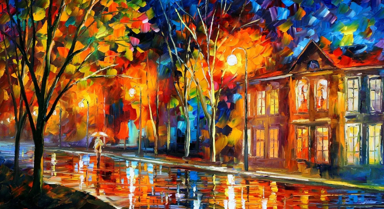 Abstract Landscape Oil Painting - Rainy Night Street with Reflections - Oil Painting Haven