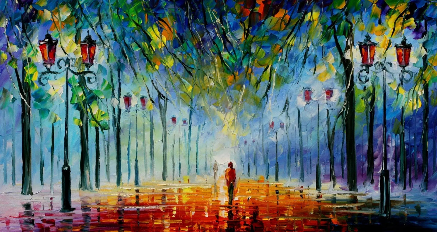 Abstract Landscape Oil Painting - Rainy Park Path with Street Lamps - Oil Painting Haven