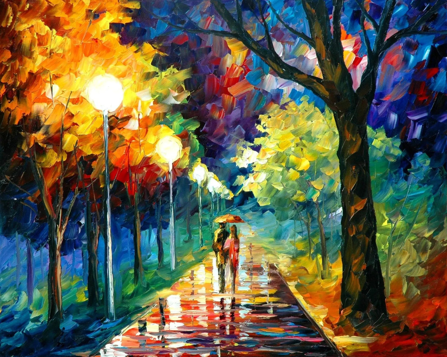 Abstract Landscape Oil Painting - Rainy Park Romance - Oil Painting Haven