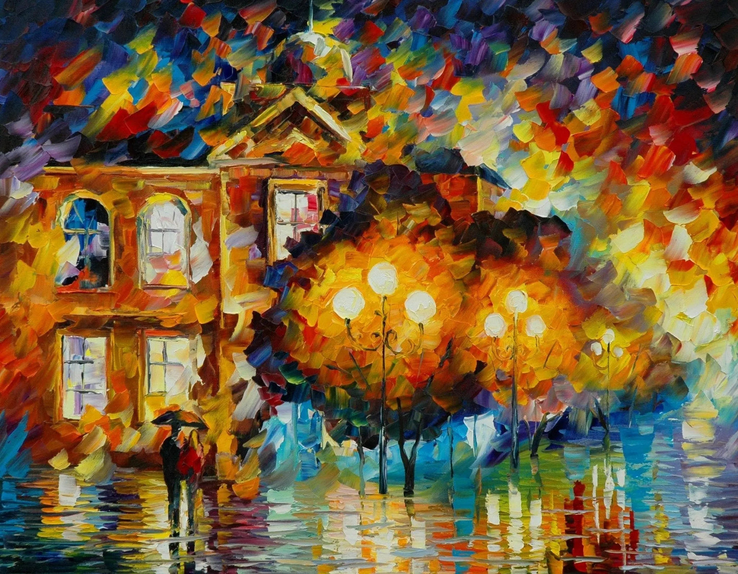 Abstract Landscape Oil Painting - Rainy Urban Night with Couple - Oil Painting Haven