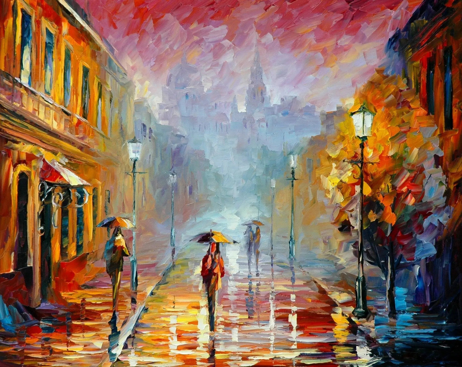 Abstract Landscape Oil Painting - Rainy Urban Street Scene with Figures - Oil Painting Haven