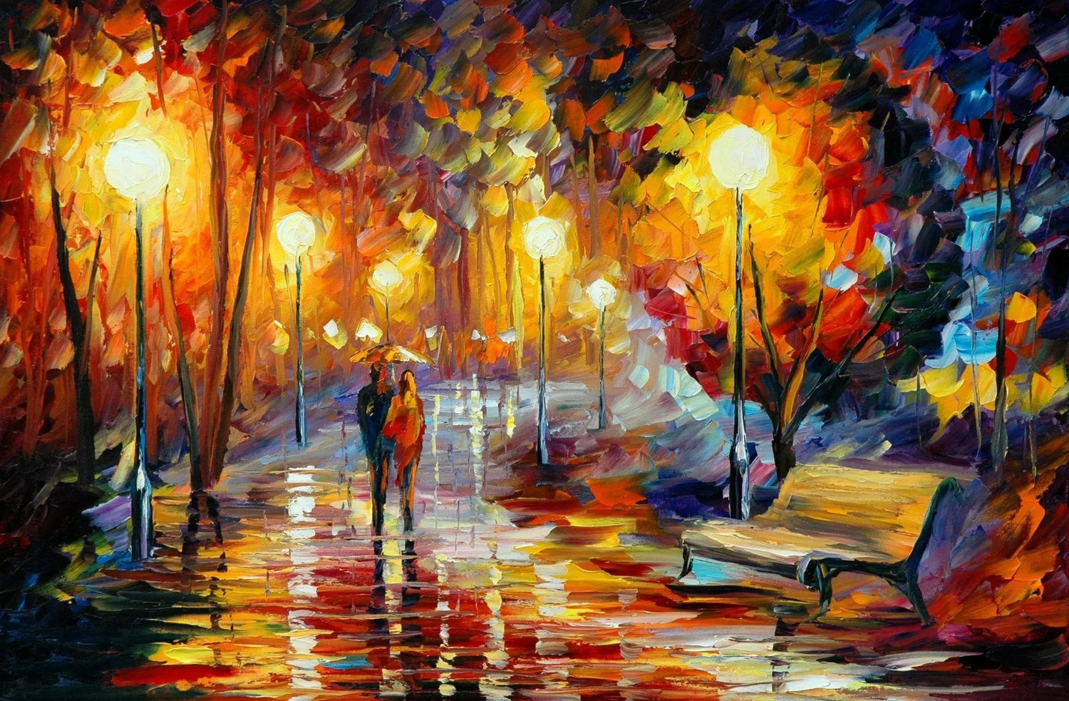 Abstract Landscape Oil Painting - Romantic Rainy Park Reflections - Oil Painting Haven
