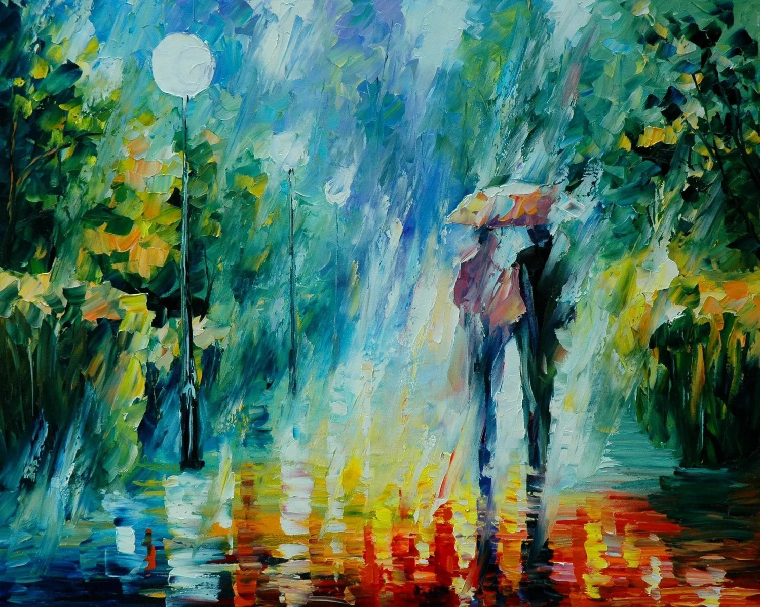 Abstract Landscape Oil Painting - Romantic Rainy Park Scene - Oil Painting Haven