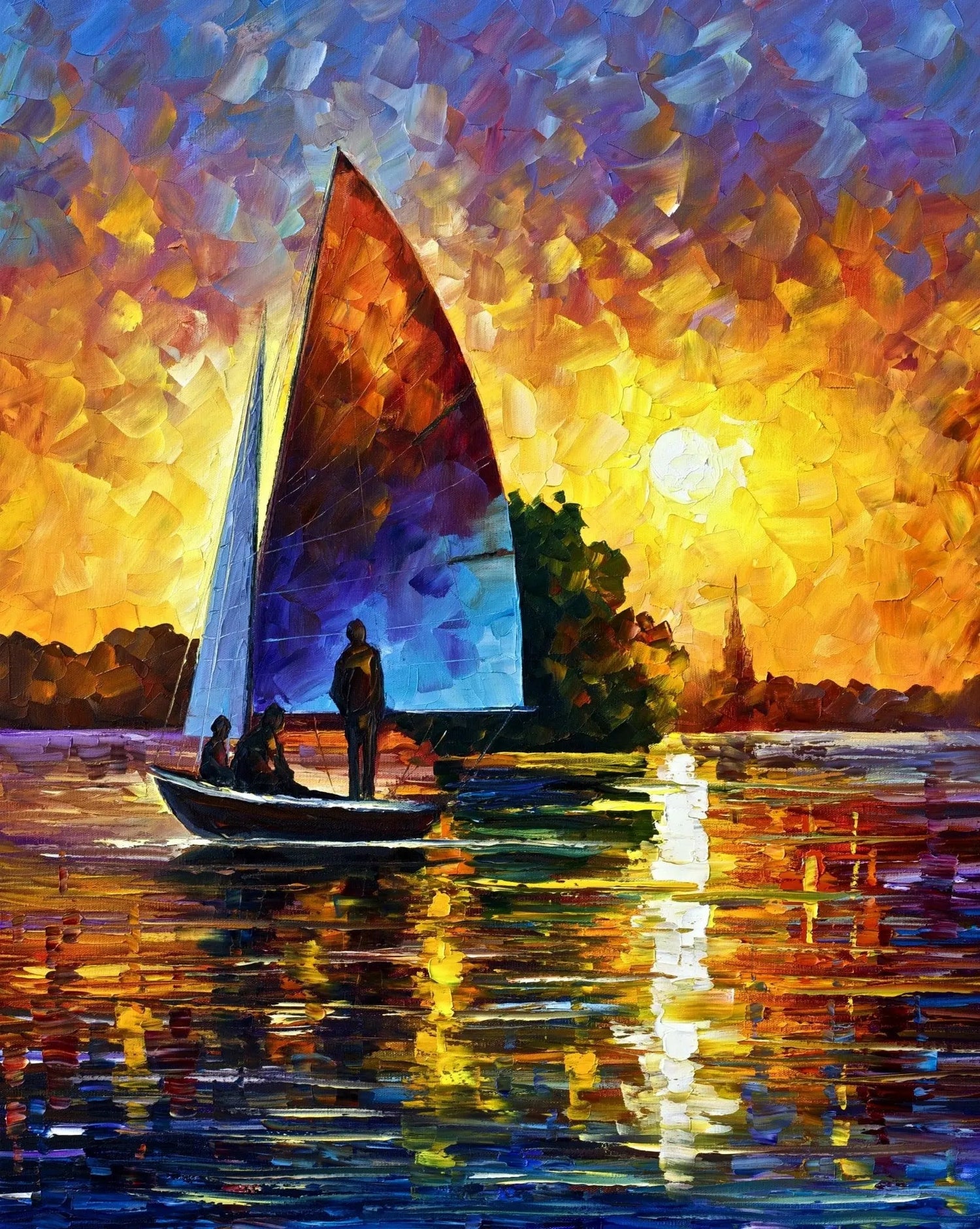 Abstract Landscape Oil Painting - Sailboat at Sunset on Water - Oil Painting Haven