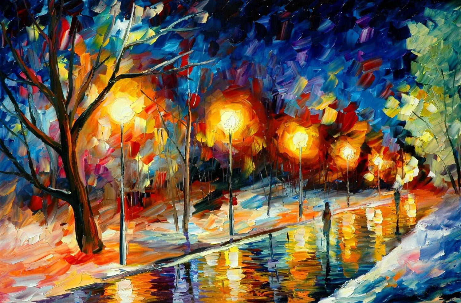 Abstract Landscape Oil Painting: Snowy Night Path Reflections - Oil Painting Haven