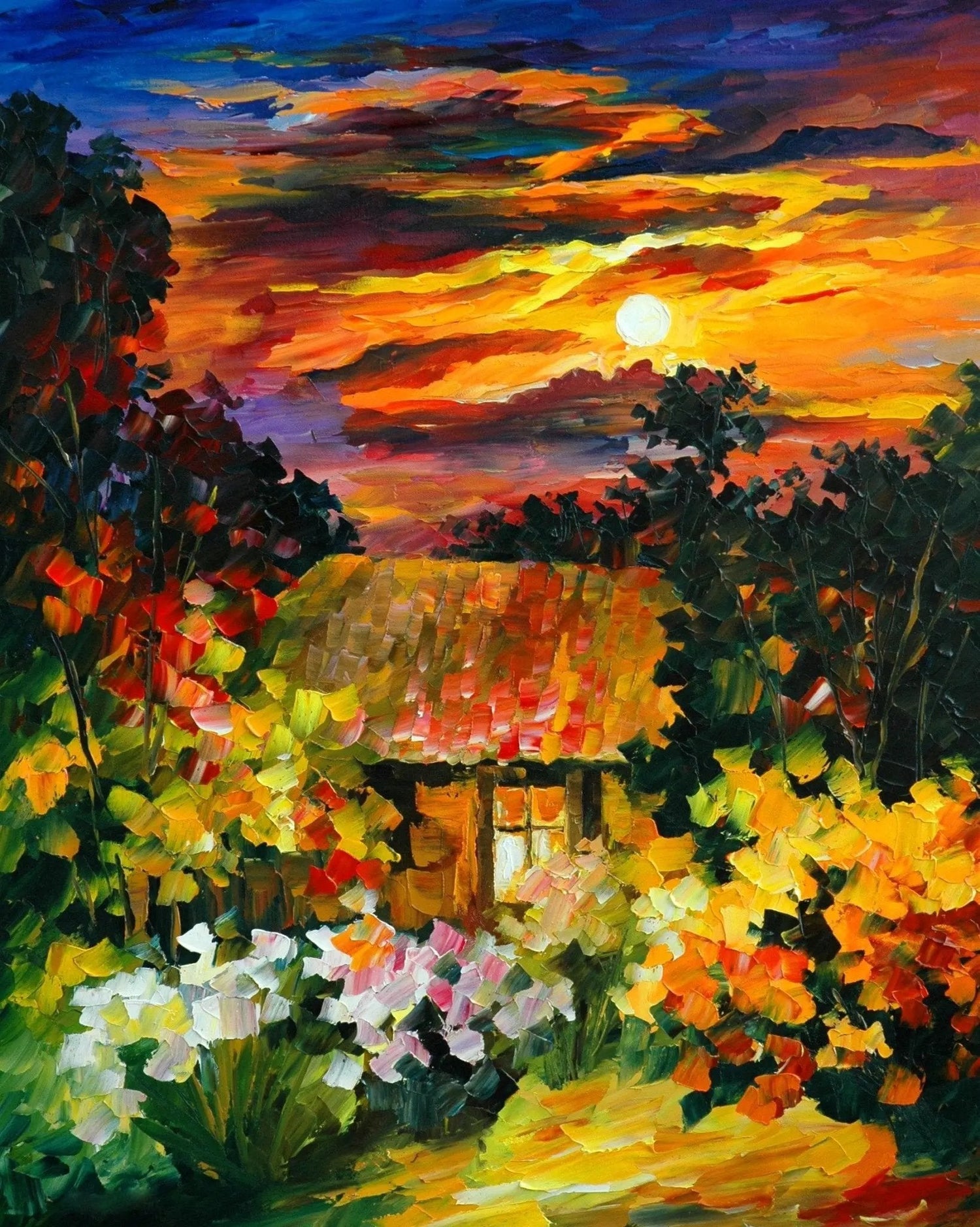 Abstract Landscape Oil Painting - Sunset Cottage in Colorful Garden - Oil Painting Haven